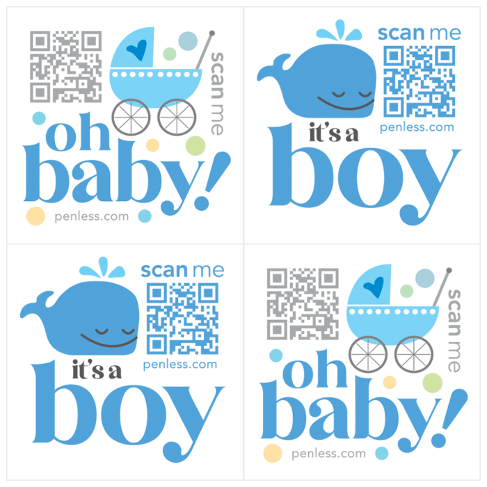 baby boy qr code sticker, oh baby stroller, it's a boy whale