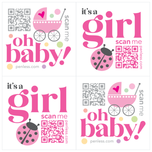 oh baby girl qr code stickers, pink baby stroller, it's a girl pink lady bug