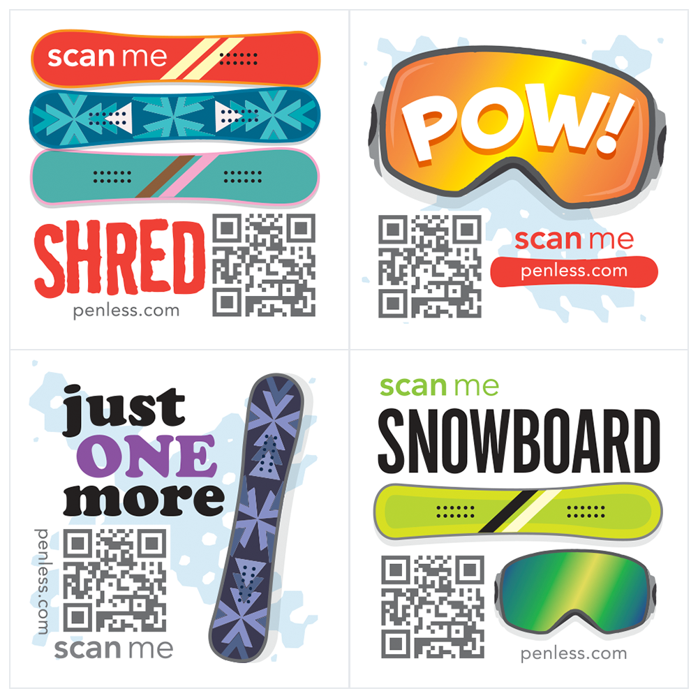 snowboarding qr code sticker, shred boards, snow goggles, single snowboard, board goggles combo