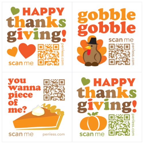 Thanksgiving QR Code Stickers, gobble gobble, pumpkin pie, happy thanksgiving