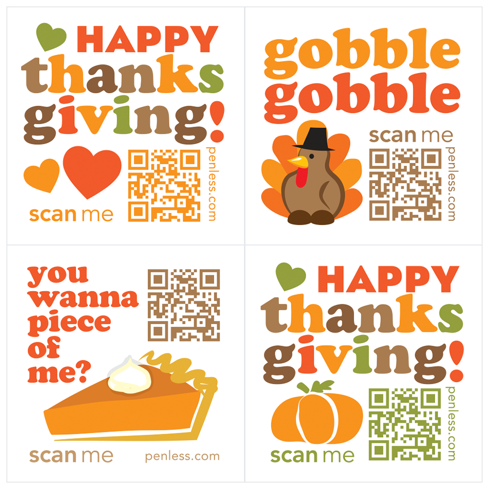 Thanksgiving QR Code Stickers, gobble gobble, pumpkin pie, happy thanksgiving
