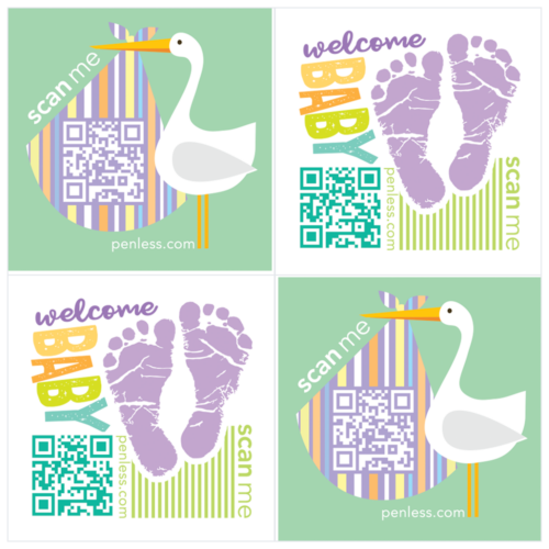 welcome baby stickers, stork, baby feet