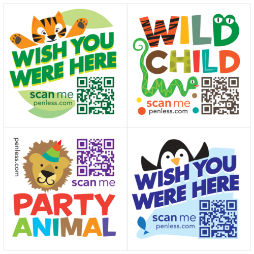 zoo qr code stickers, tiger, penguin, lion, wild child