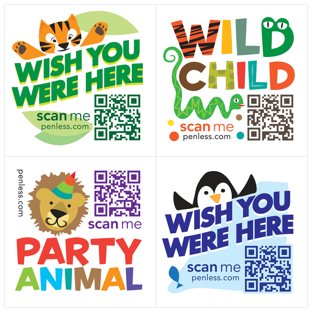 zoo qr code stickers, tiger, penguin, lion, wild child