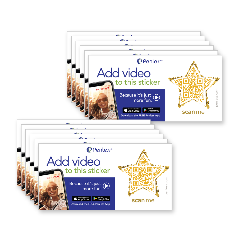 Two stacks of Penless gold star Go Anywhere video stickers, 12 pack, with a scan-me QR code