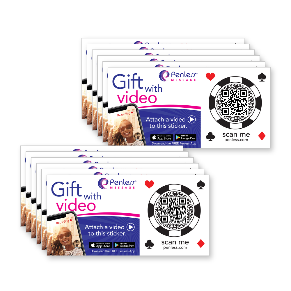 Two stacks of Penless poker chip Go Anywhere video stickers, 12 pack, with a scan-me QR code